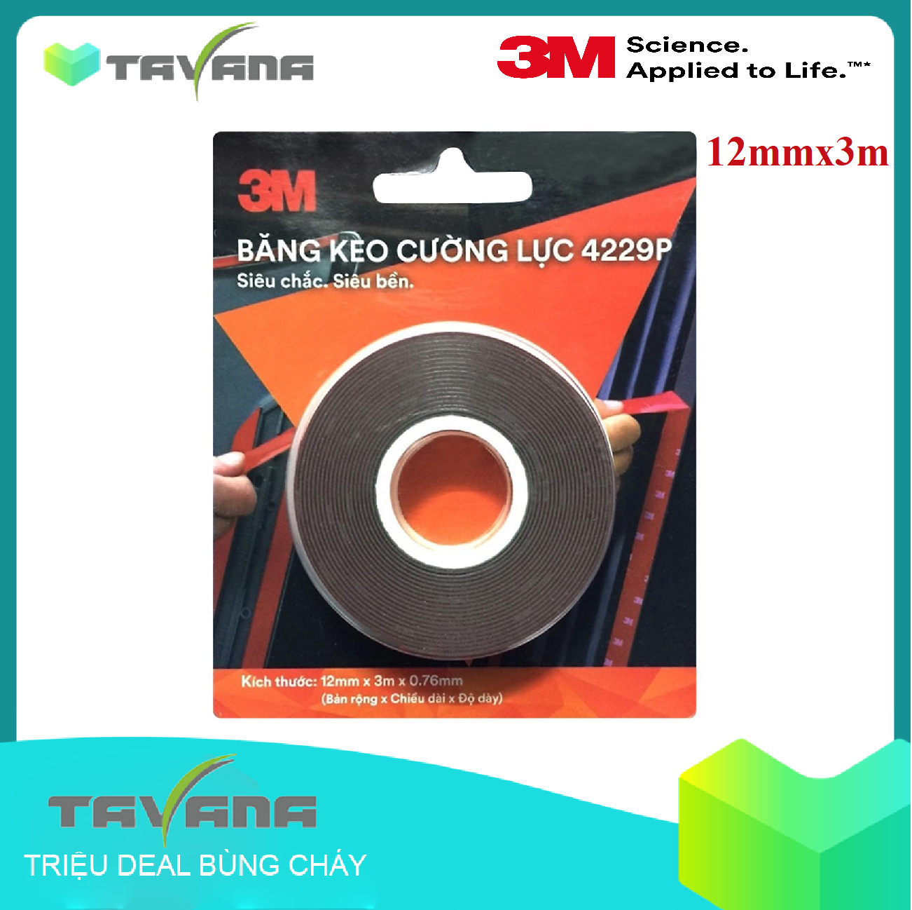 BĂNG KEO CƯỜNG LỰC SIÊU DÍNH 3M 4229P KHỔ 12MM X 3M