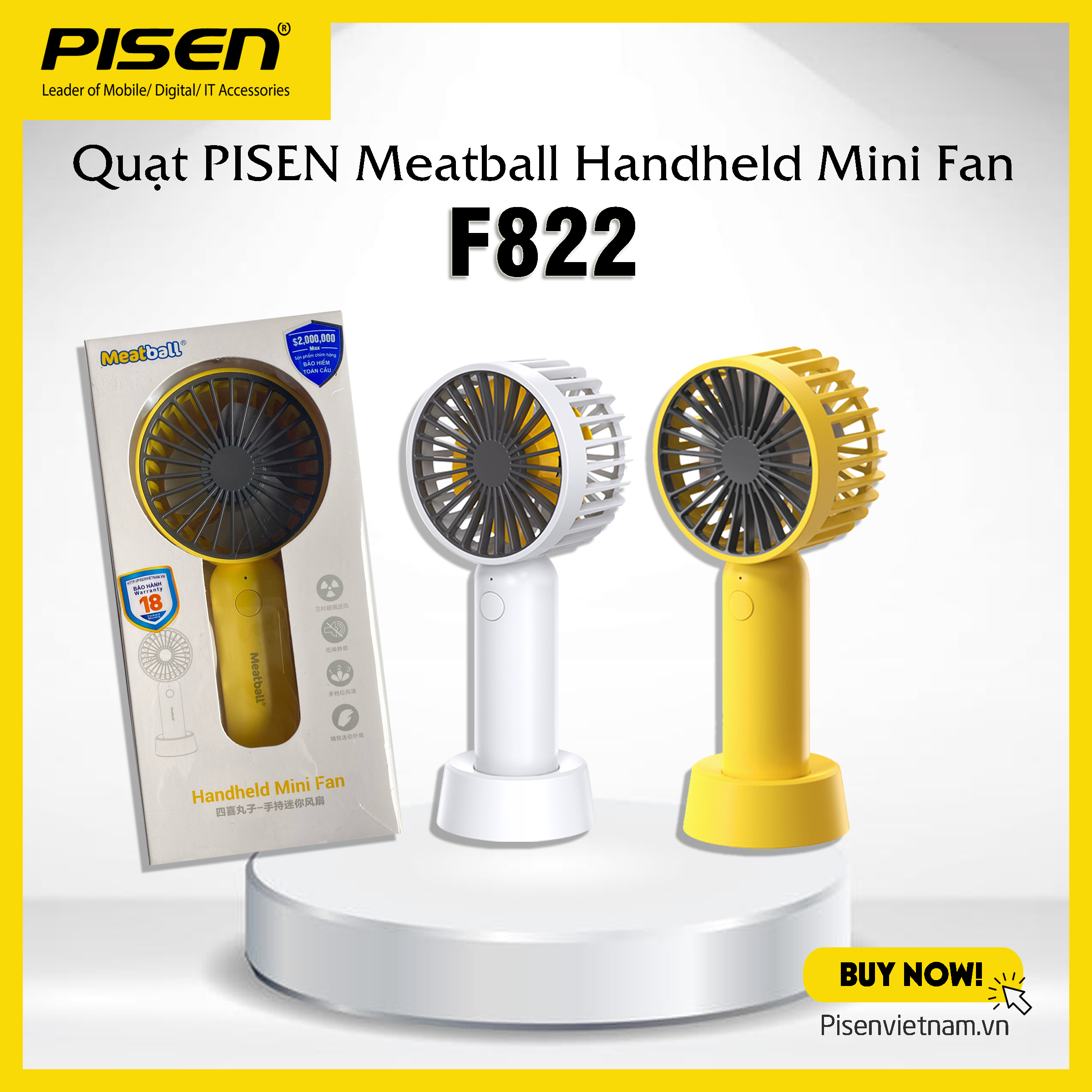 Quạt PISEN Meatball Handheld Mini Fan F822 vàng/ trắng