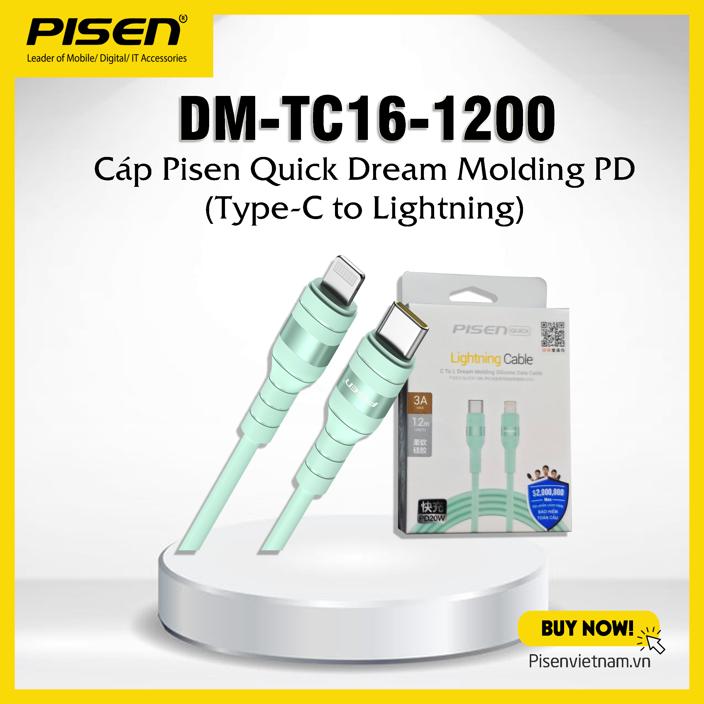 Cáp iPhone 1.2m 20W Dream - PISEN Quick Dream Molding PD ( Type-C to Lightning ) (DM-TC16) - Bảo Hàn