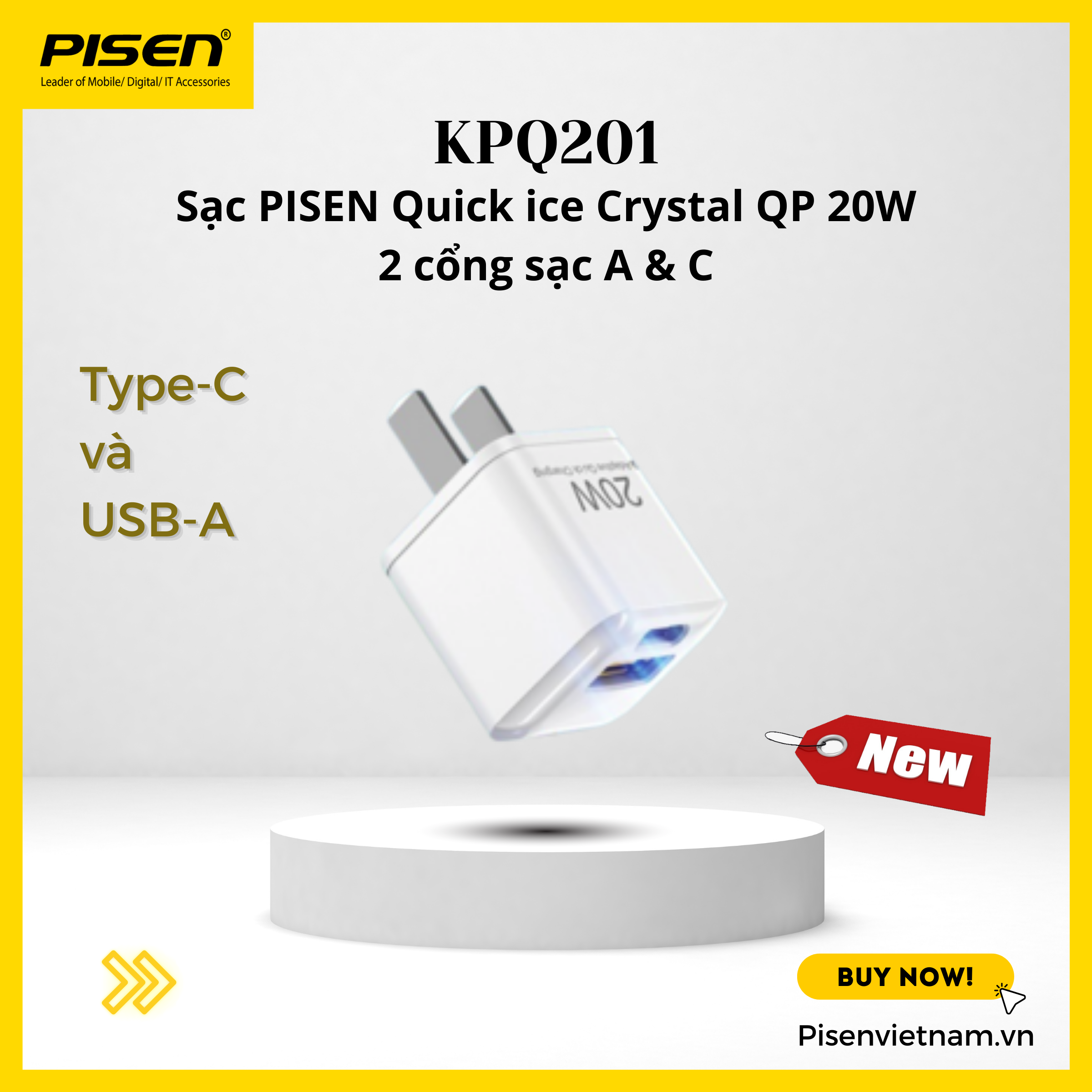 Sạc nhanh 20W siêu nhỏ 1C1A - PISEN QUICK ice Crystal Dual Port QP 20W KPQ201 - Bảo hành 18 tháng