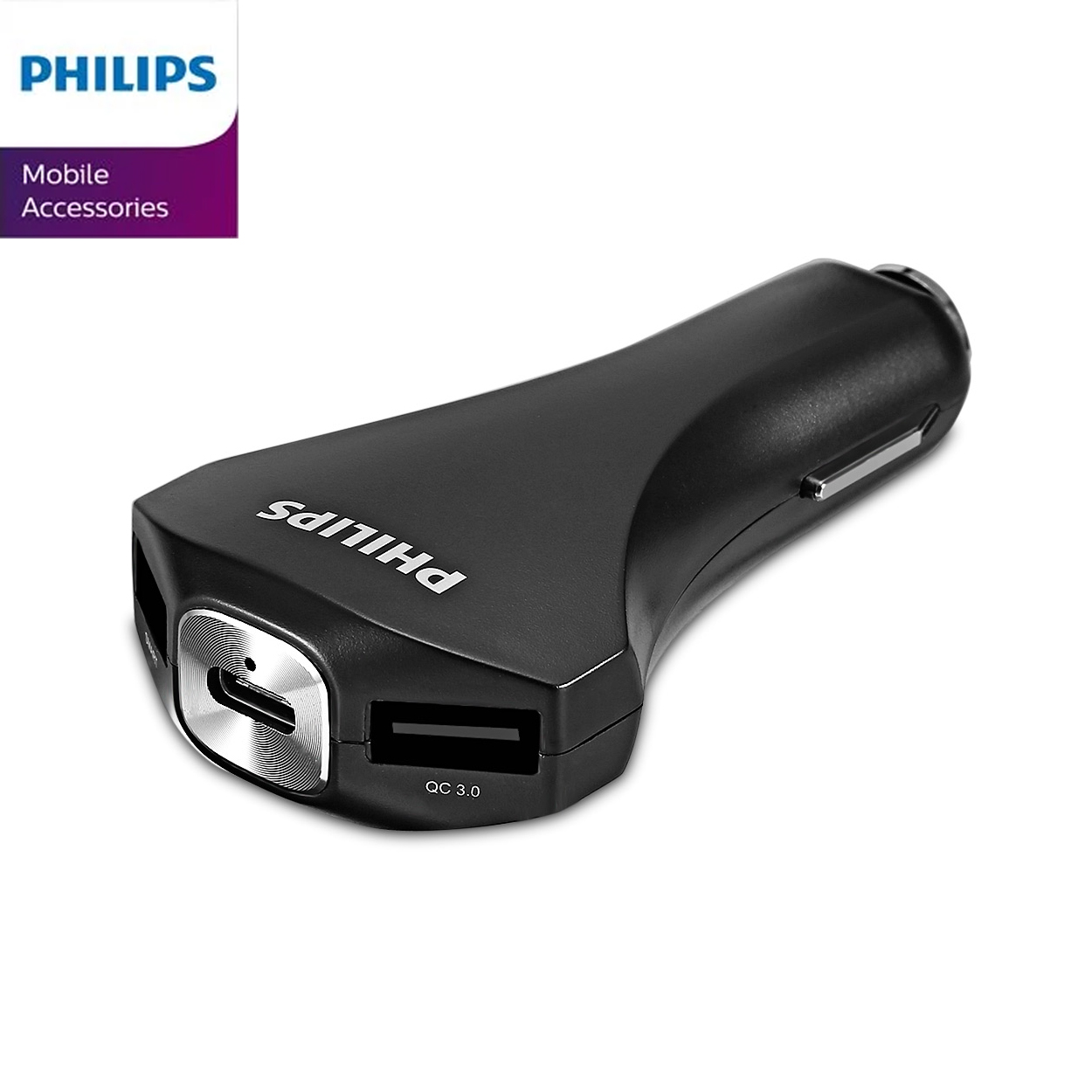 Bộ sạc xe hơi Philips DLP2012ổng USB-C + phá kính xe Quick charge 3.0 kèm c
