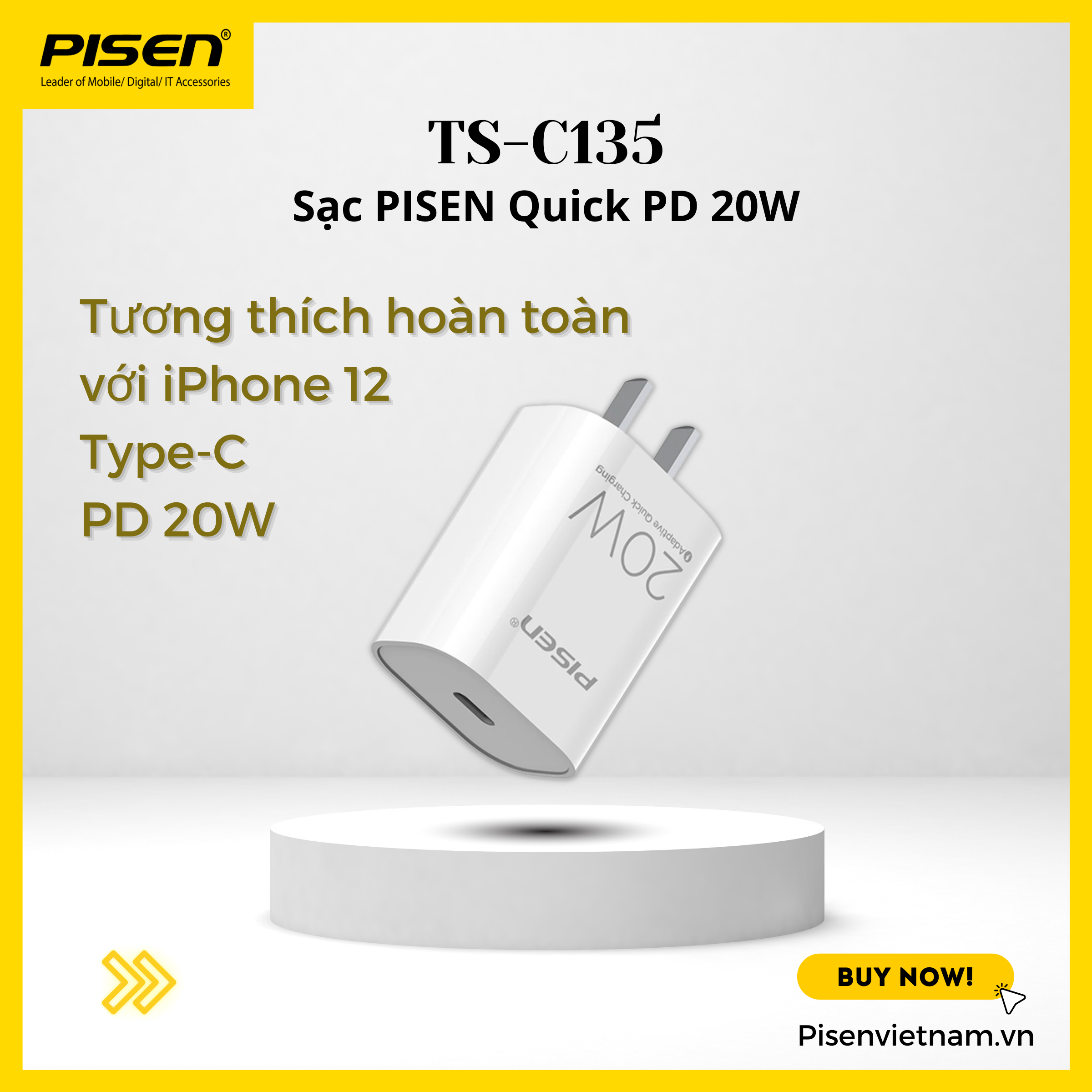 Sạc cao cấp PISEN C135 Quick PD 20W, hỗ trợ sạc nhanh 20W chuẩn QC4.0,PD 3.0 - Bảo hành 18 tháng